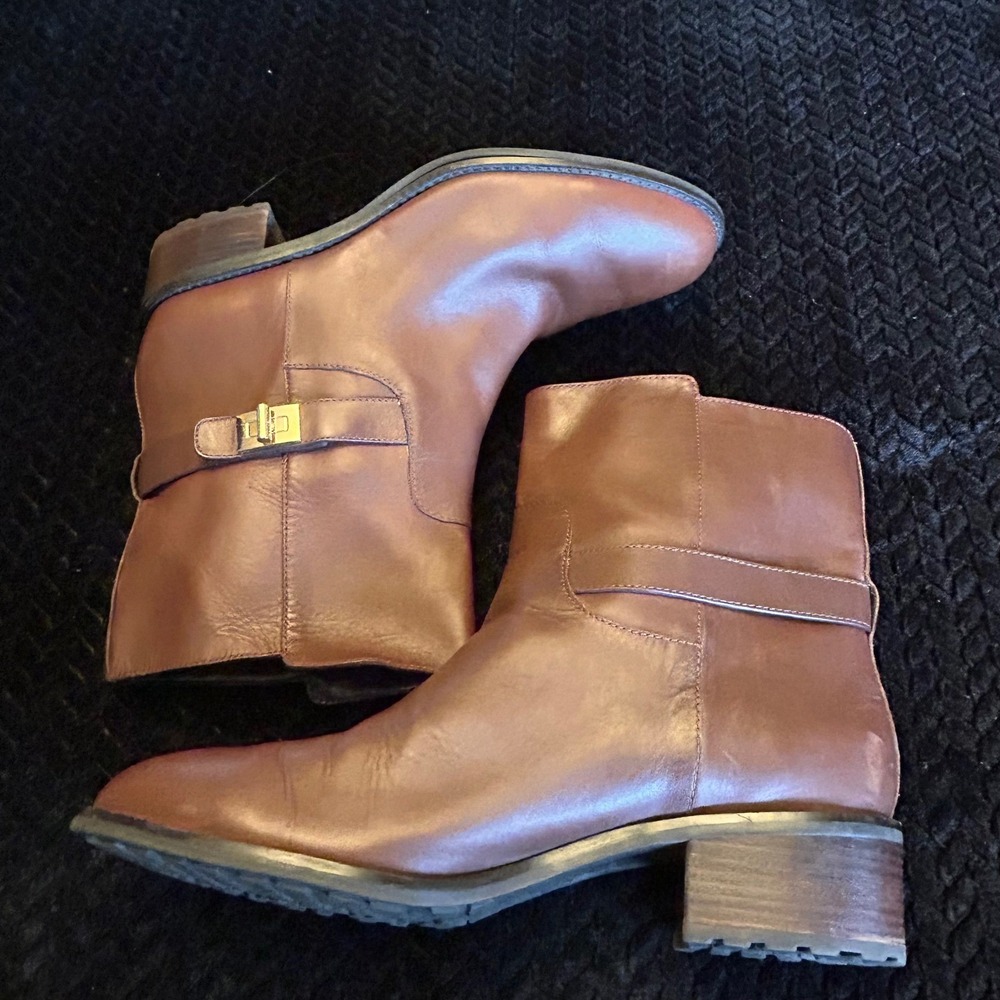 Cole Haan Waterproof Leather Ankle Boots Brown Buckle Block Heel Women Size 11 B